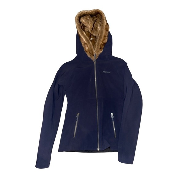 Marmot Womens Navy Blue Furlong Faux Fur Hooded Jacket, Small - Picture 1 of 10